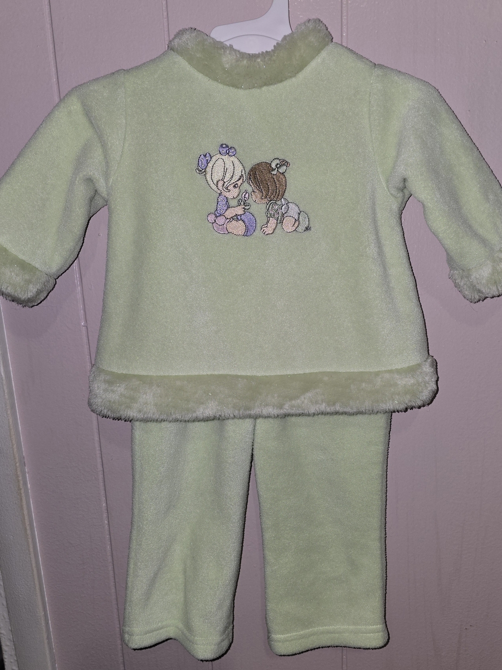 Precious Moments Pale Green Plush Kids Matching Set with Embroidered Babies
